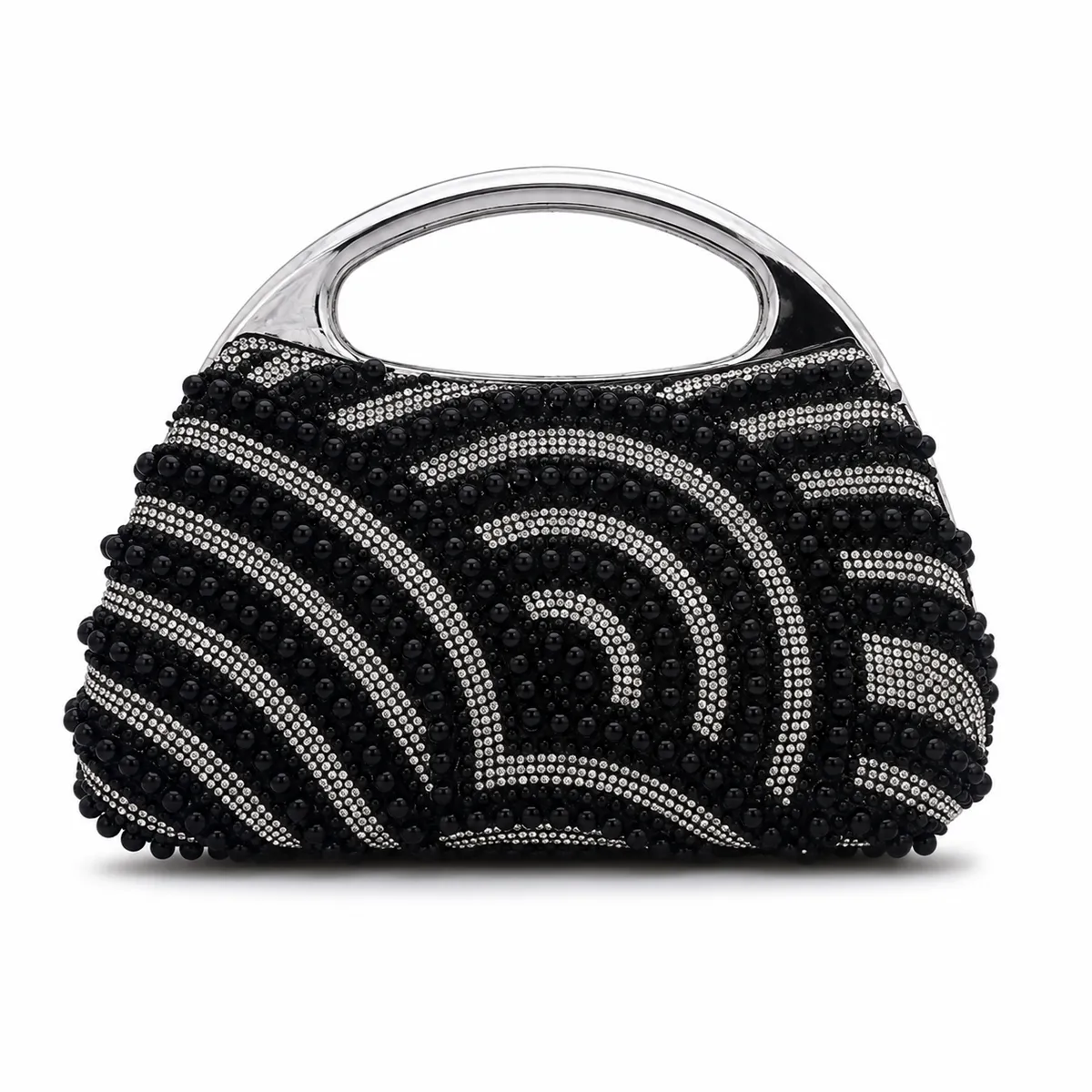 Women's Pearl Beaded Evening Handbag with Metal Handle - Black