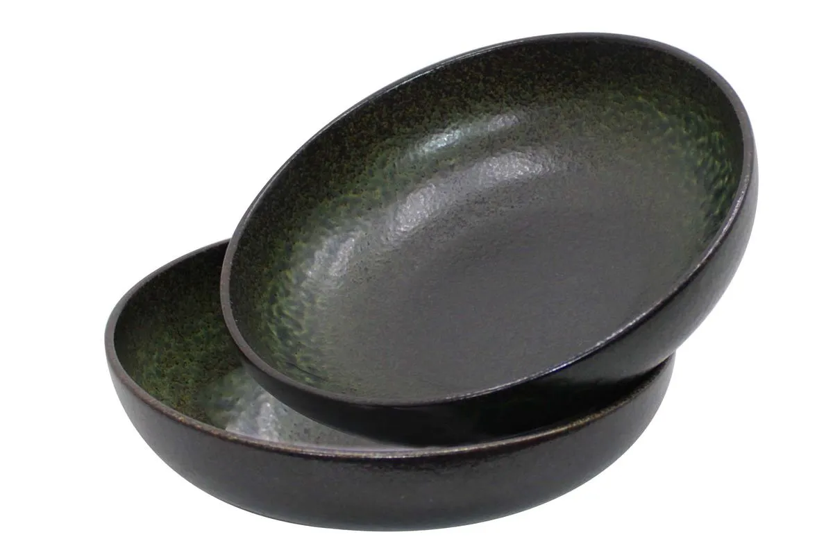 24cm 2 Piece Round Stoneware Deep Dish Serving Plates - Rustic Green