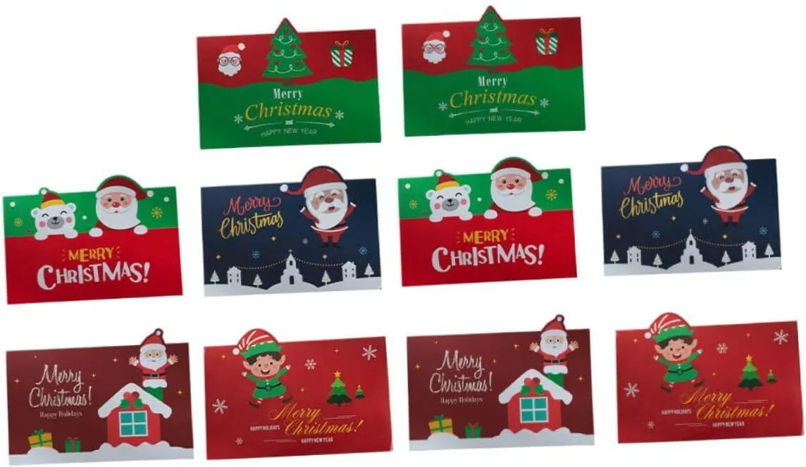 10pcs Xmas Greeting Cards with Santa Claus and Snowman Designs Decorative