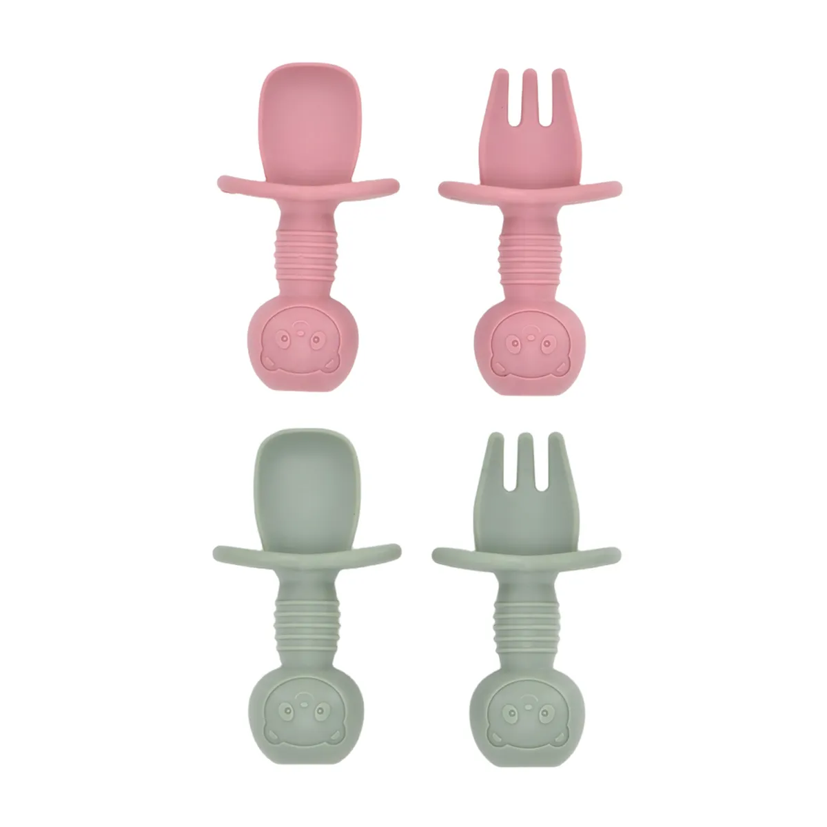 Silicone Baby Training Spoon & Fork with Choke Guard Double Pack - Blush & Sage