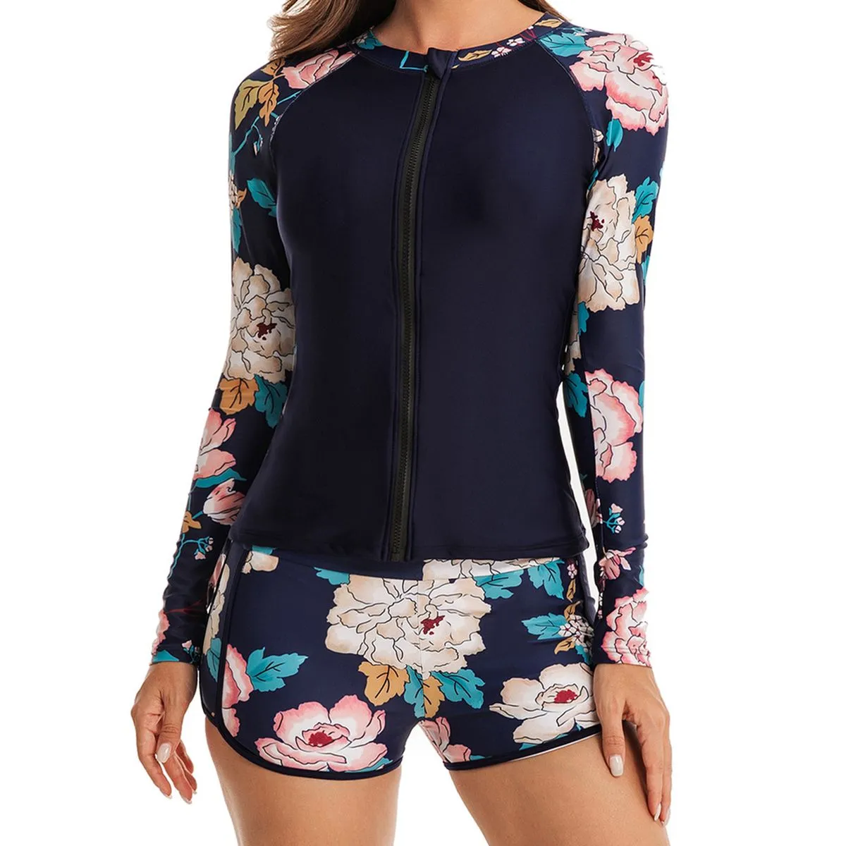 Swimsuits with Shorts Long Sleeve Athletic Swim Tops Swimwear for Woman