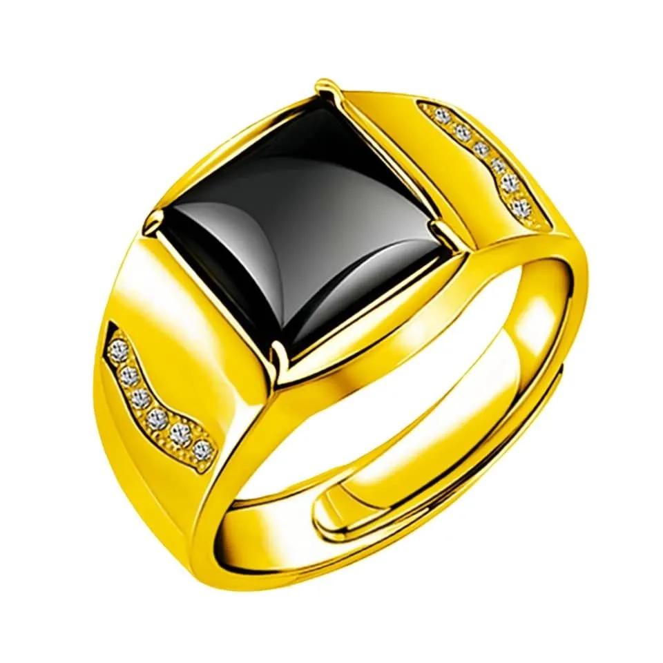 Square Stones Synthetic Black Wedding Adjustable Ring - Gold