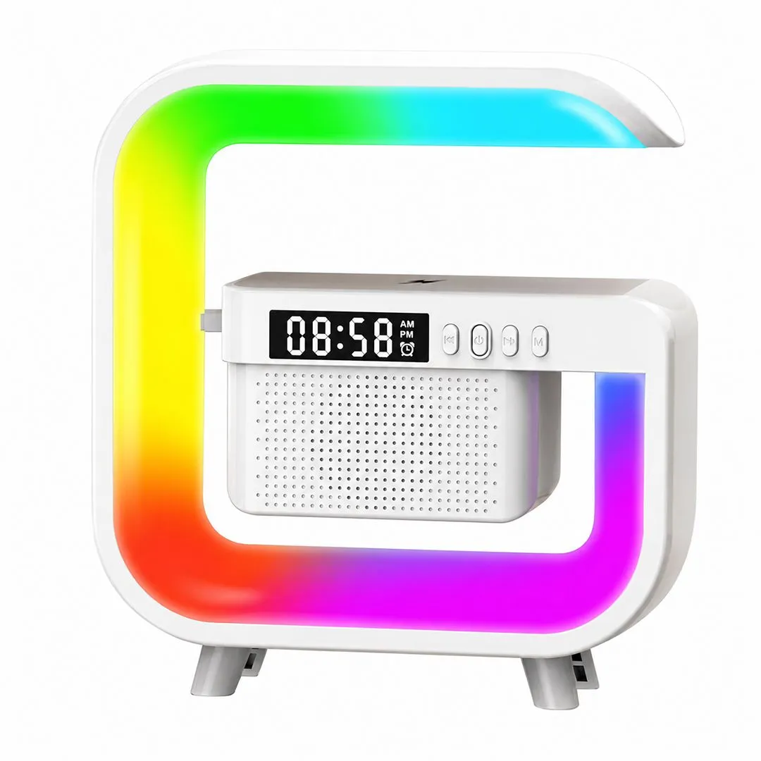 Blue Carbon Bluetooth Speaker with RGB Desk Lamp, Alarm & Wireless Charger