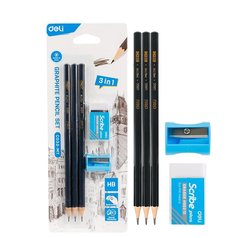 Deli Graphite Pencil Set 3xHB Pencils, 1xSharpener, 1xEraser