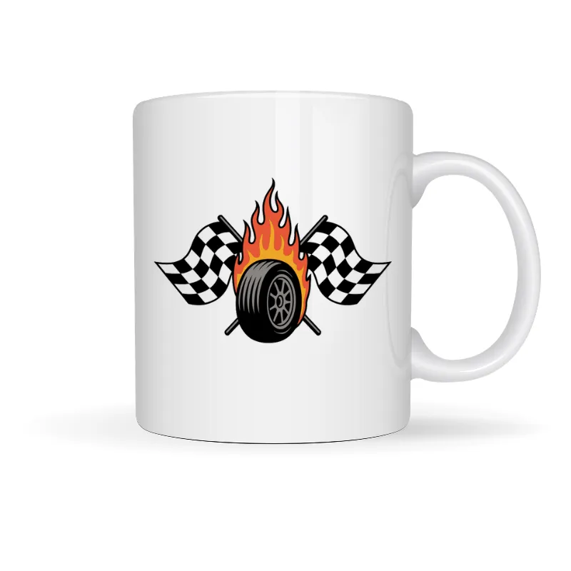 Printed Mug -Hot Flame Tire & Race Flags Printed Gift Mug