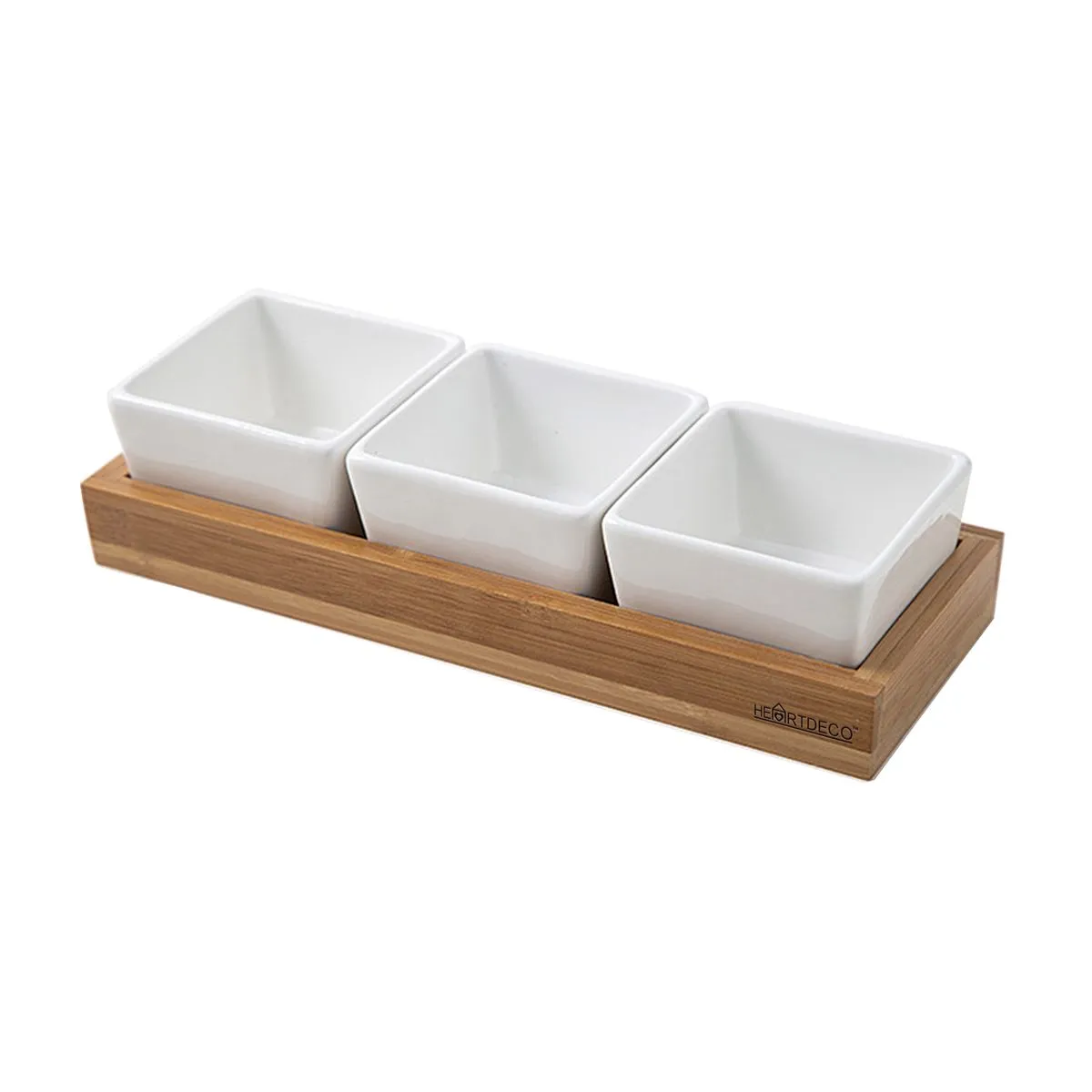 Heartdeco Bamboo Tray Ceramic Serving Dishes Platter Set