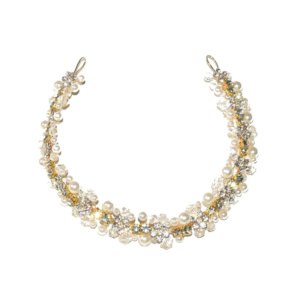 Pearl and Crystal Headband for Brides, Elegant Hair Accessories, Rhinestone - Gold, White