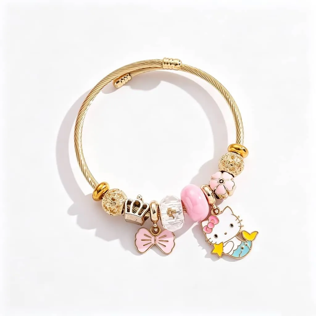 Gold-Plated Hello Kitty Inspired Mermaid Charm Bangle Bracelet