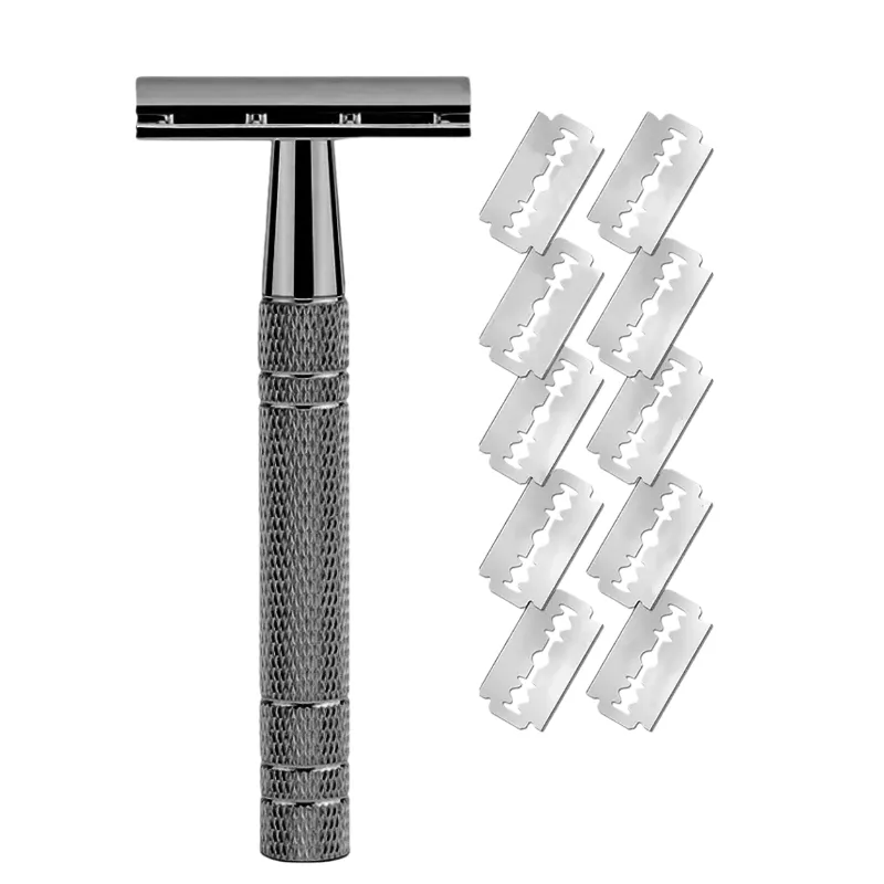 Double-edge safety razor with 10 blades, reusable shaving kit - Black