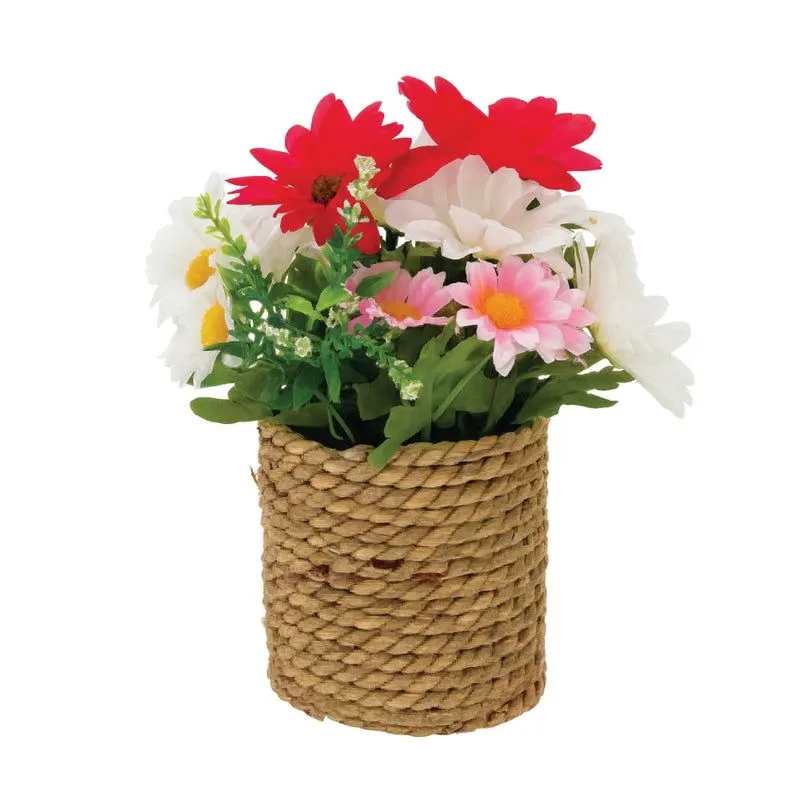 Artificial Flowers in Threaded Rope Basket - 3 Colour Variant Plants - Pink