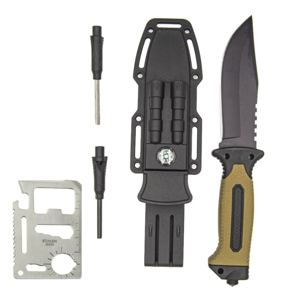 Extreme Hunting & Camping Knife Whetstone Compass with Whistle & Multi-Tool - Brown