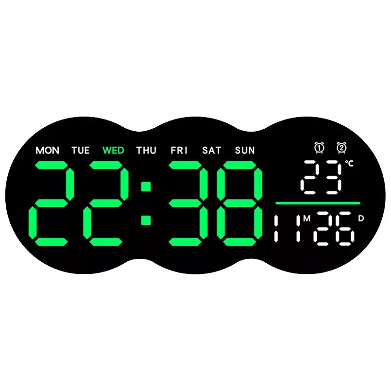 Digital LED Wall Clock with Temperature Sensor and Alarm Function- SI-37 - Green