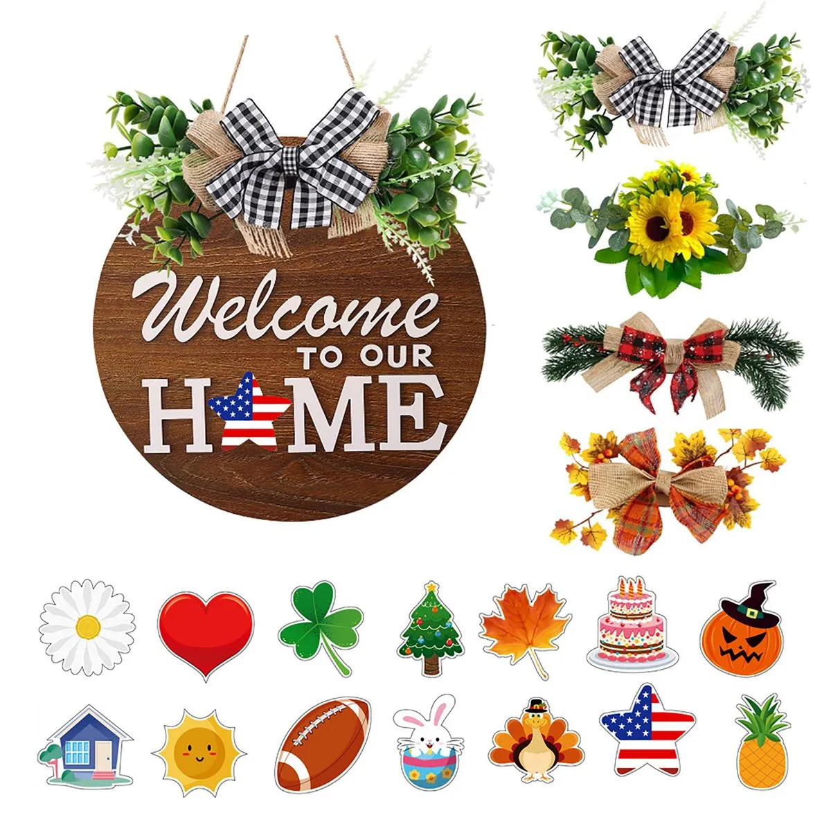 Seasonal Wooden Welcome Sign - Interchangeable Front Door Decor - Brown