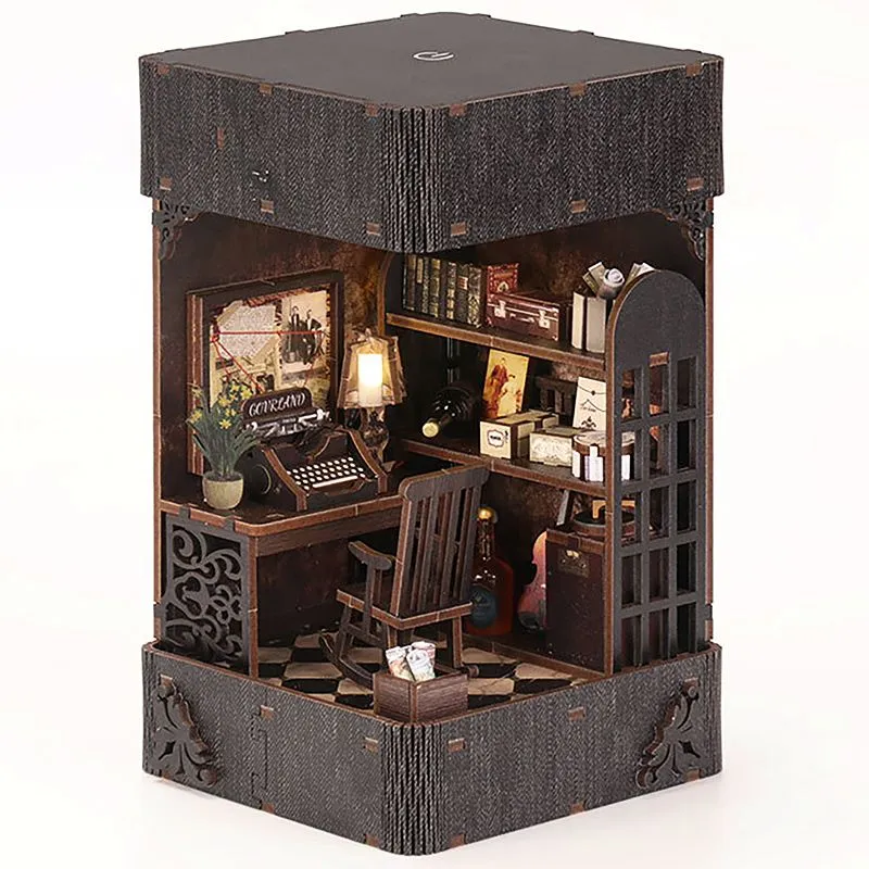Book Nook DIY Kits for Kids 3D Wooden Miniature House Creative Bookends - Black - Detective Agency