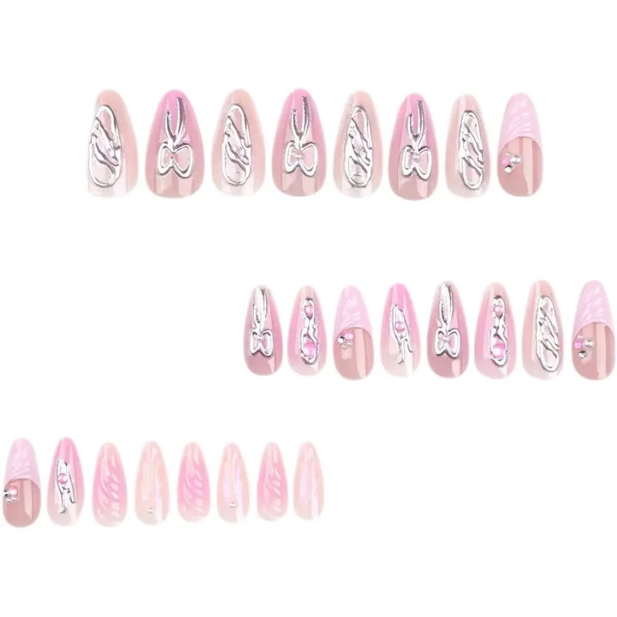 Press On Almond Shape Fake Nails 3D Pink Glue on Nails