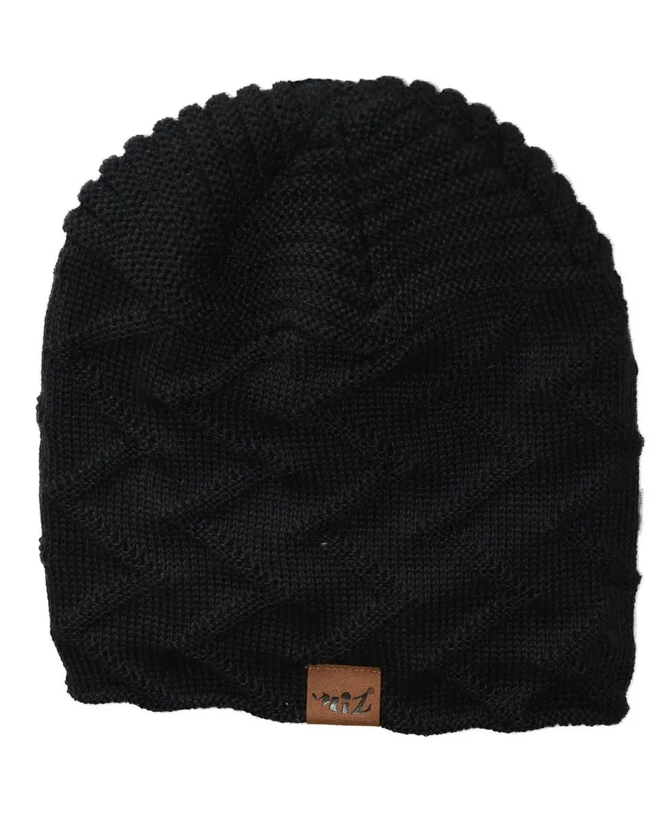 SKA Knitted Mid Zigzag Winter Faux Fur Lining Warm Beanies - Black