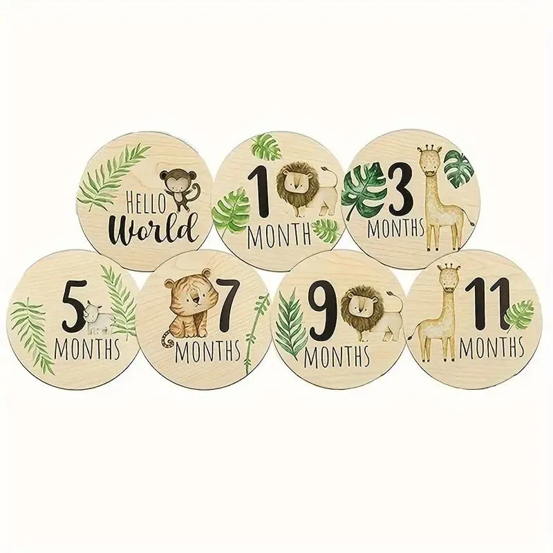 7 Wooden Monthly Animals Milestone Cards Baby Shower Gift Nursery Unisex