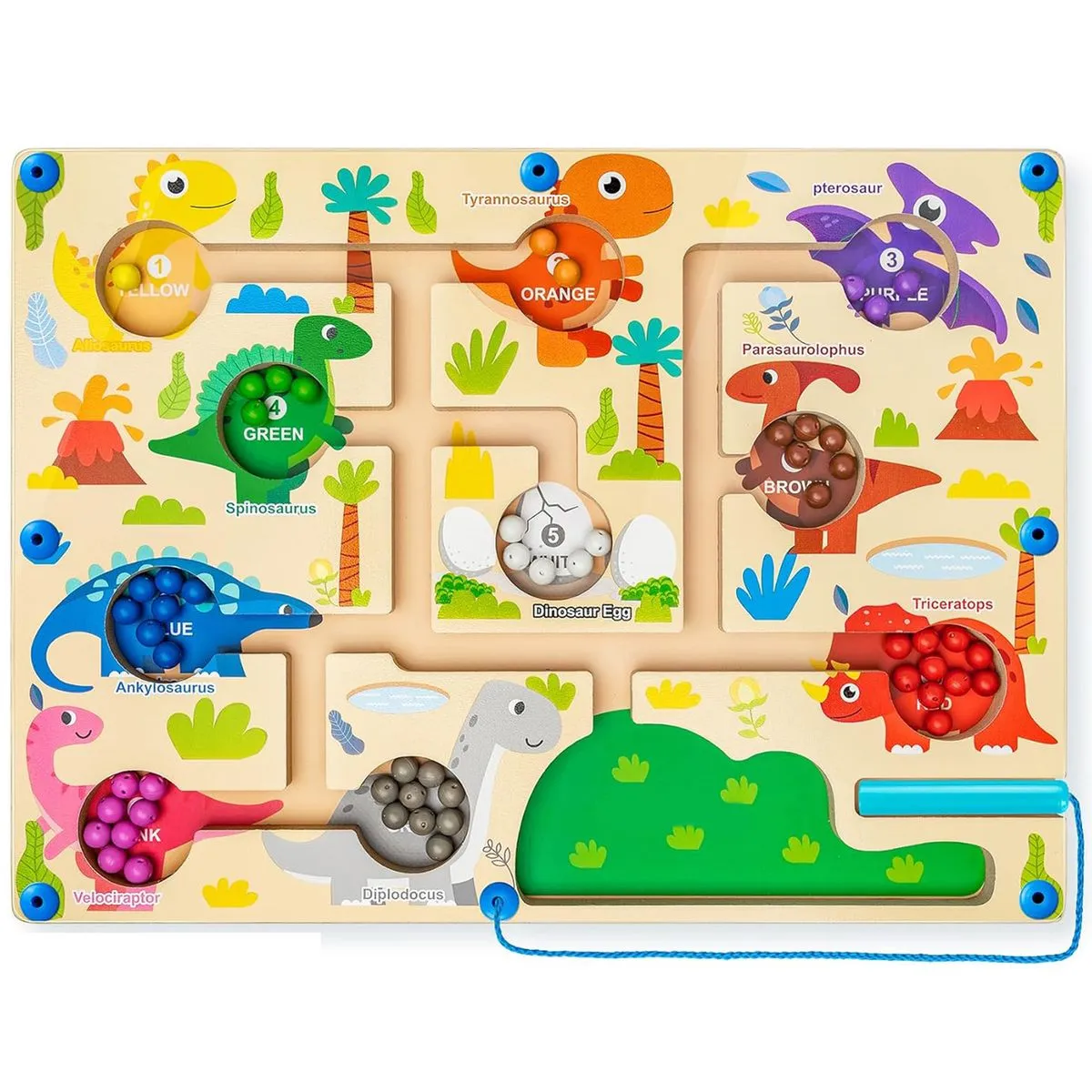 Wooden Magnetic Color and Number Maze Puzzles Games Toddlers Montessori Toy - Dinosaur