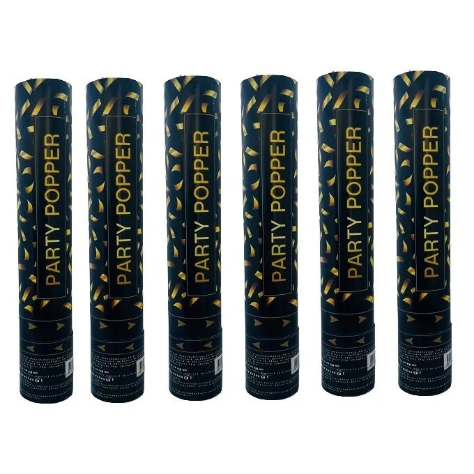 Gold & Black Confetti Party Popper Cannon - 28cm (Set of 6)