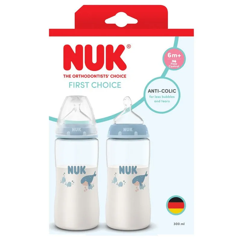 Nuk First Choice Twin Pack Bottle 300ml Medium Whale 6m+