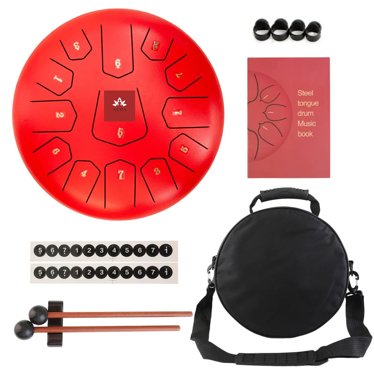 AURA Carbon Steel Tongue Drum Set - 13 Notes - Percussion Instrument - Crimson Red