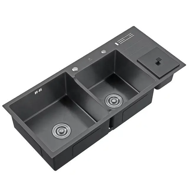 SS Blank Double Bowl Kitchen Sink with Drainboard and Rubbish Bin