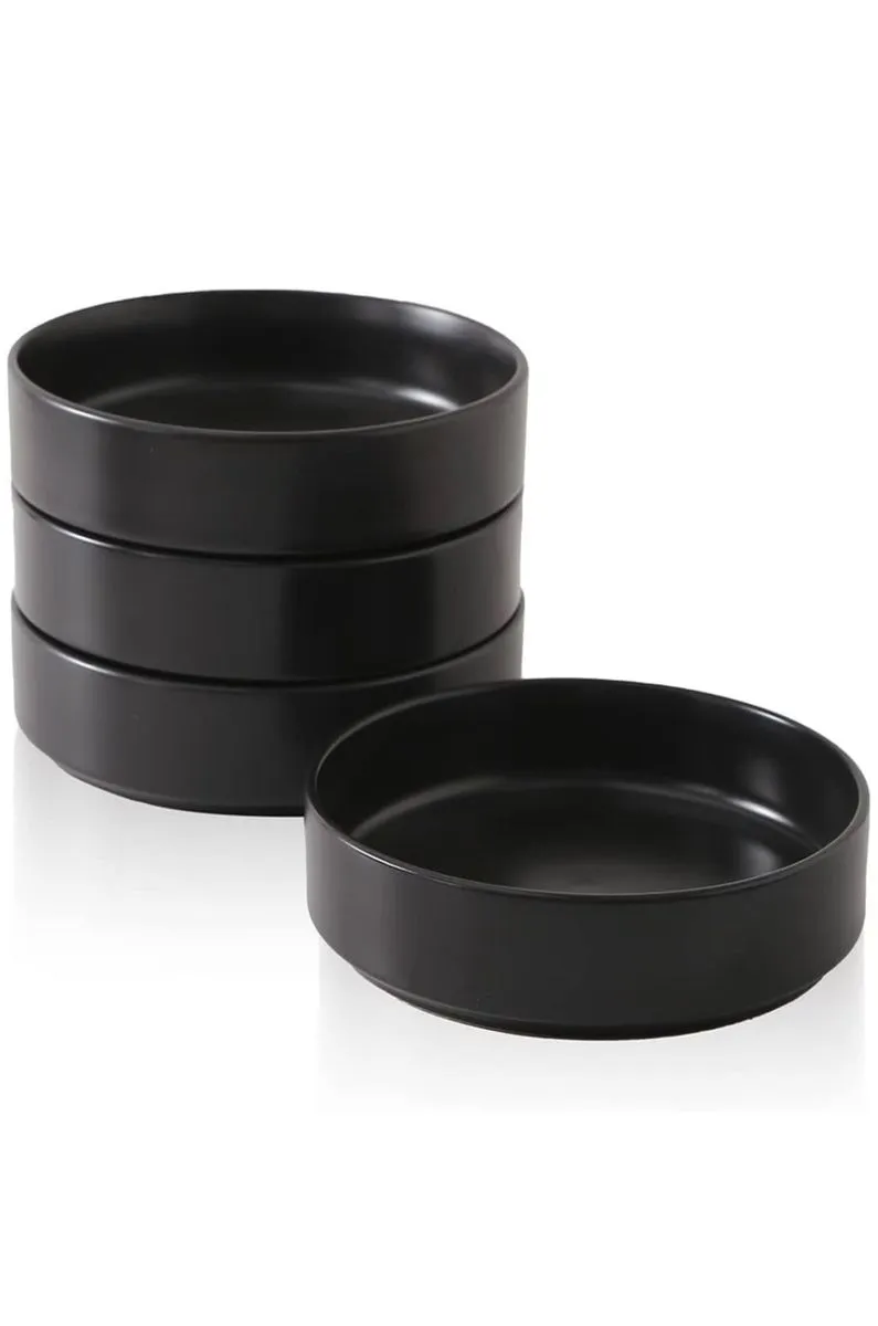 4-Piece Black Porcelain Dinner Bowl Set - 22cm
