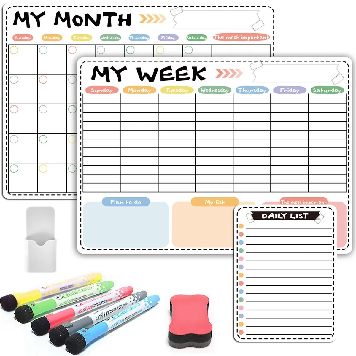 3 Piece Magnetic Fridge Calendar - Whiteboard Monthly Weekly Daily Planner
