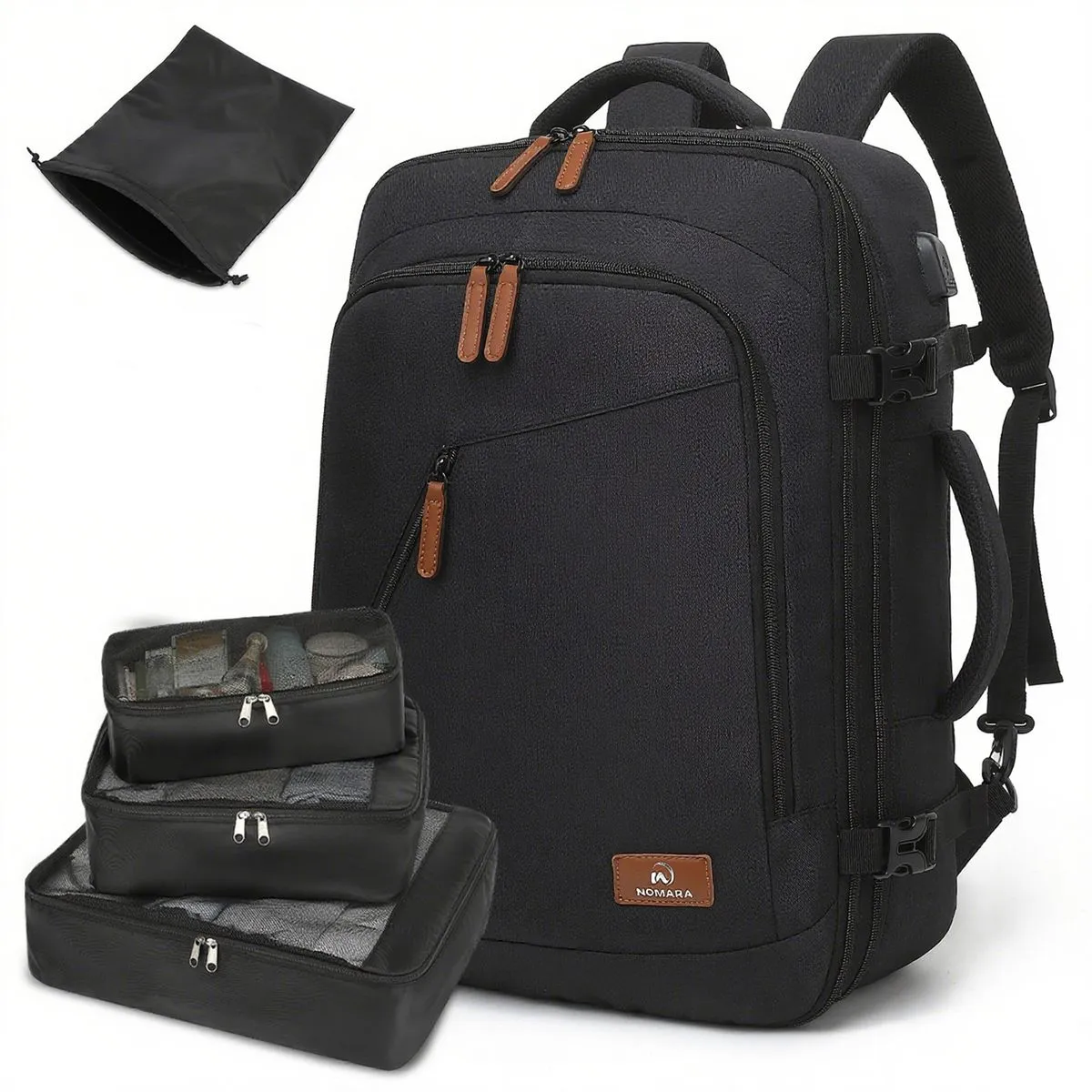 Expandable Travel Backpack Airline Approved Backpack with 4 Accessory Bags - Black