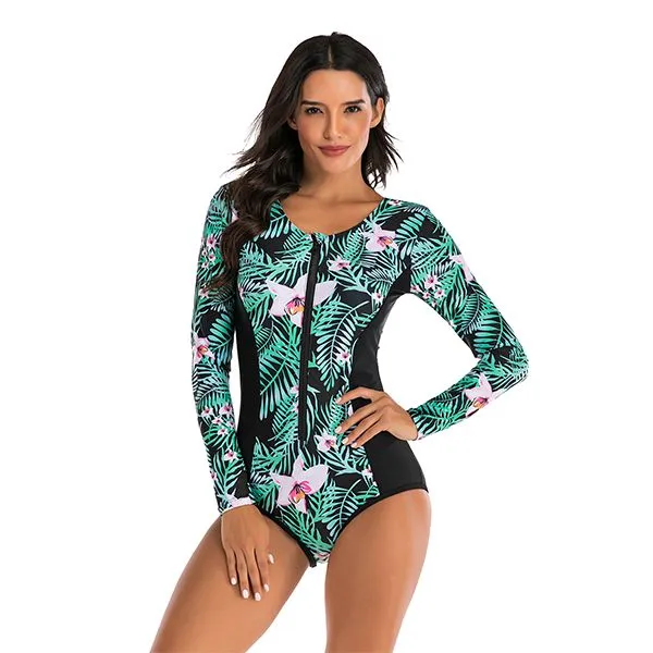 Iconix Women's Pink Flower Long-sleeve Zip Swimwear