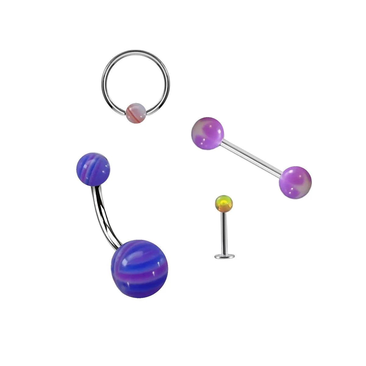 Unisex Stainless Steel Piercing Set - Ring, Barbell, Labret & Navel Bar - Blue Mirror Mix