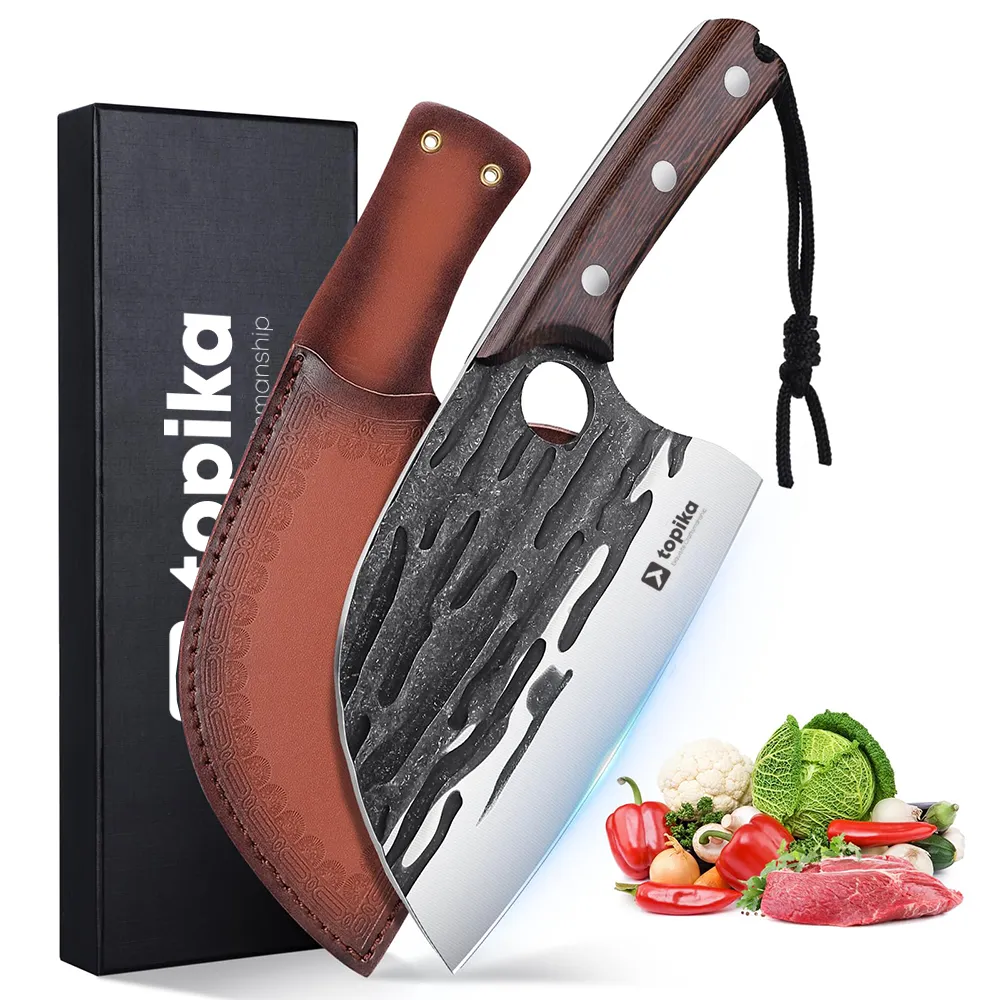 Topika Forged Chef Cleaver Knife, Damascus-Style Butcher Knife with Sheath
