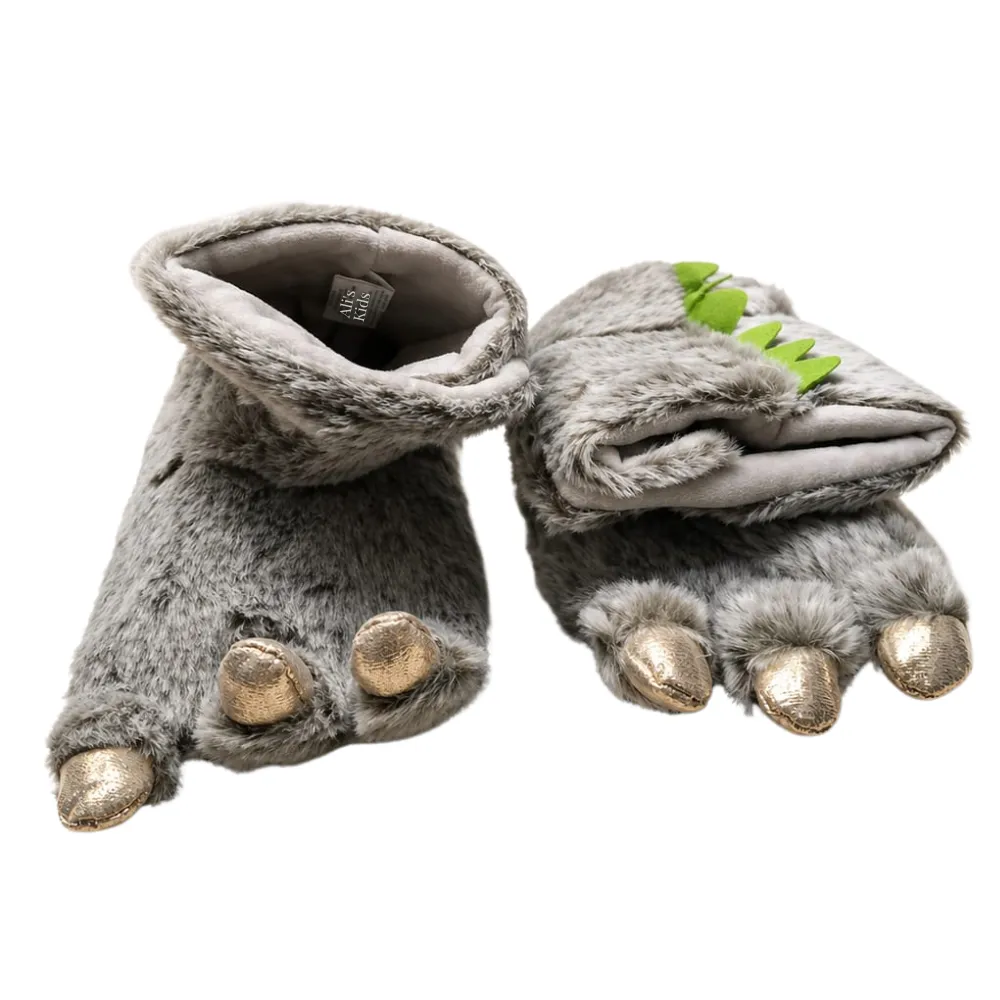 Ali's Kids Warm Dinosaur Claw Slippers - (Size 7-13) - Grey, Gold