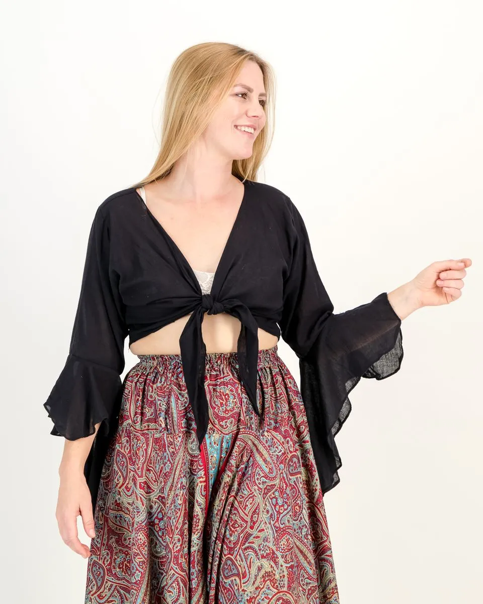 SKA Boho Ruffle 3/4 Butterfly Sleeves Tie Front Plain Crop Tops - Black
