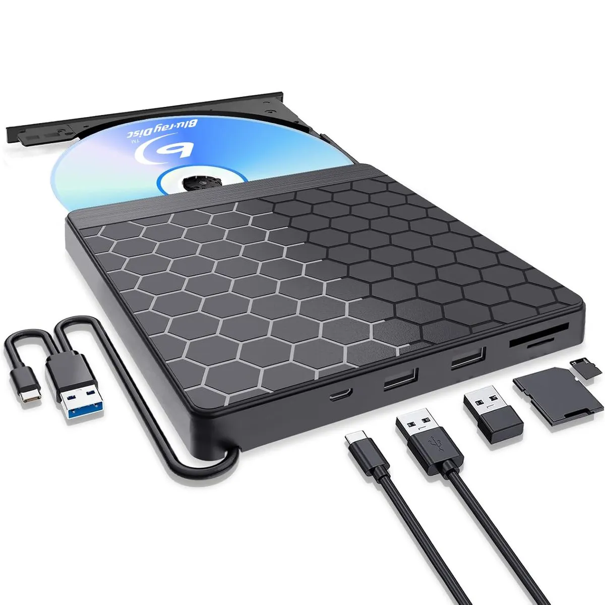 5-In-1 Multifunctional Blu-ray External CD&DVD Drive, USB 3.0+Type-C Port