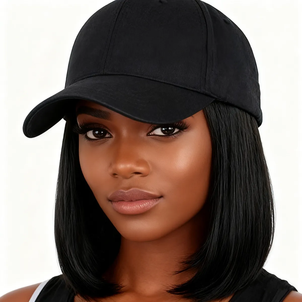 Synthetic Short Straight Hair with Hat Baseball Cap Wigs for Women - Black