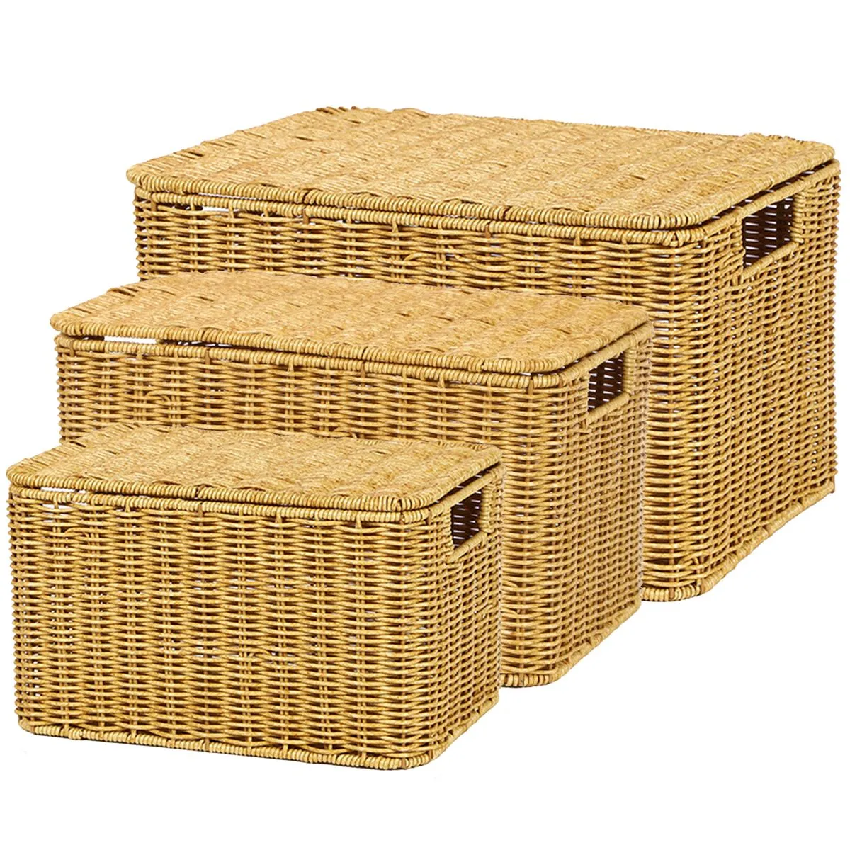 3 Piece Woven Storage Basket Stackable Bin Rattan Box with Lid
