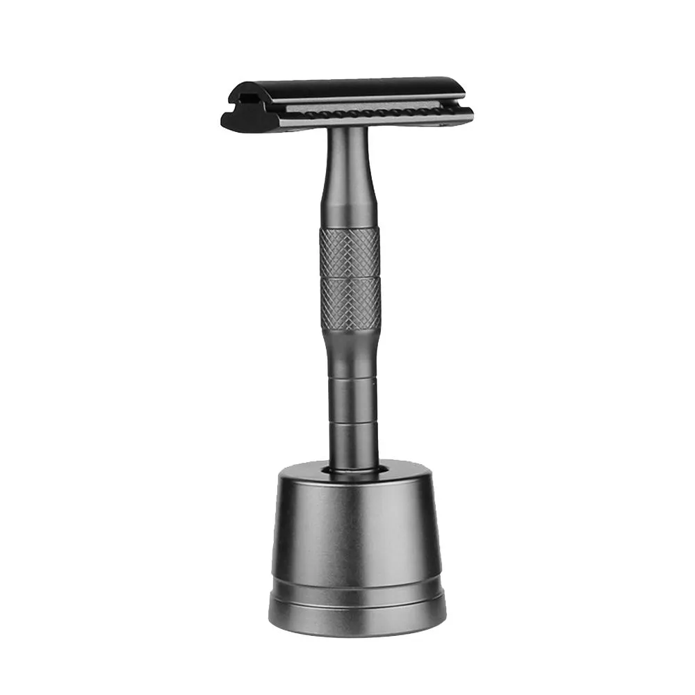 Metal Double Edge Safety Shaving Razor with Stand For Men - Black