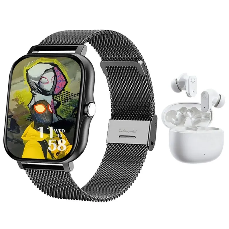 Men's Black Dual Strap Smartwatch & Auto-Pair Earphones - 1.83" Fitness Set