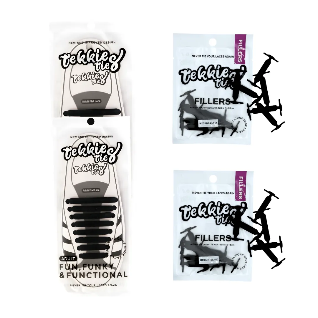 Tekkie Ties Adult Black 2 Pack and Medium Black Fillers 2 Pack