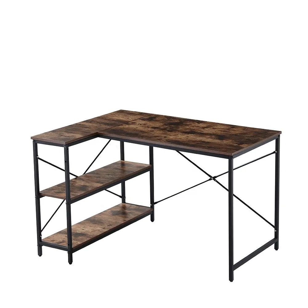 L Shaped Desk, 120x90cm Corner Desk with Reversible Storage Shelves - Brown
