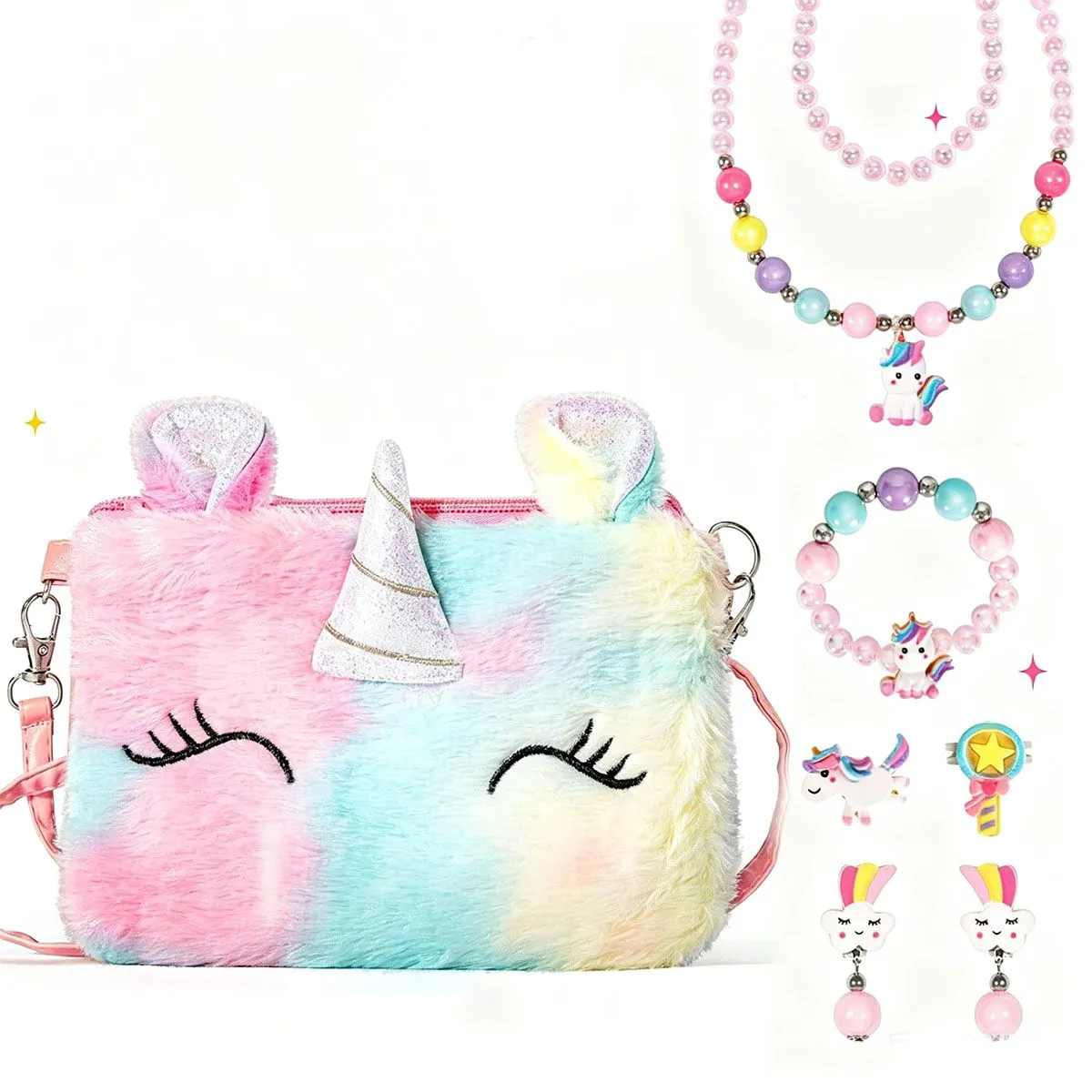 Rainbow Unicorn Crossbody Bag Purse with Jewelry Set Little Girls Gift