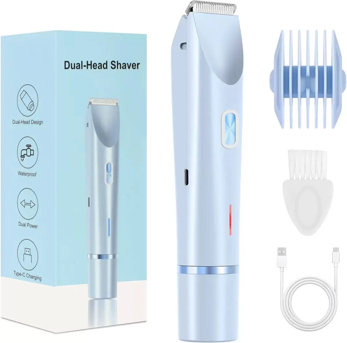 Electric Dual-Head Hair Remover for Pubic, Underarm, and Leg Hair - Blue