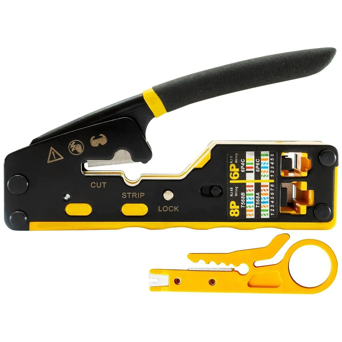 Network Crimping Tool For RJ45 Pass-Through Connectors with Wire Stripper