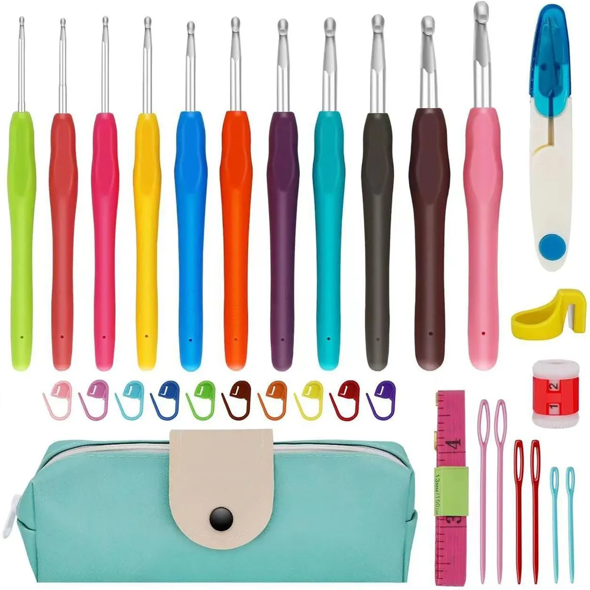 32 Piece Ergonomic Crochet Hooks Kit Case for Beginners Pain Free Crafting - Blue-green