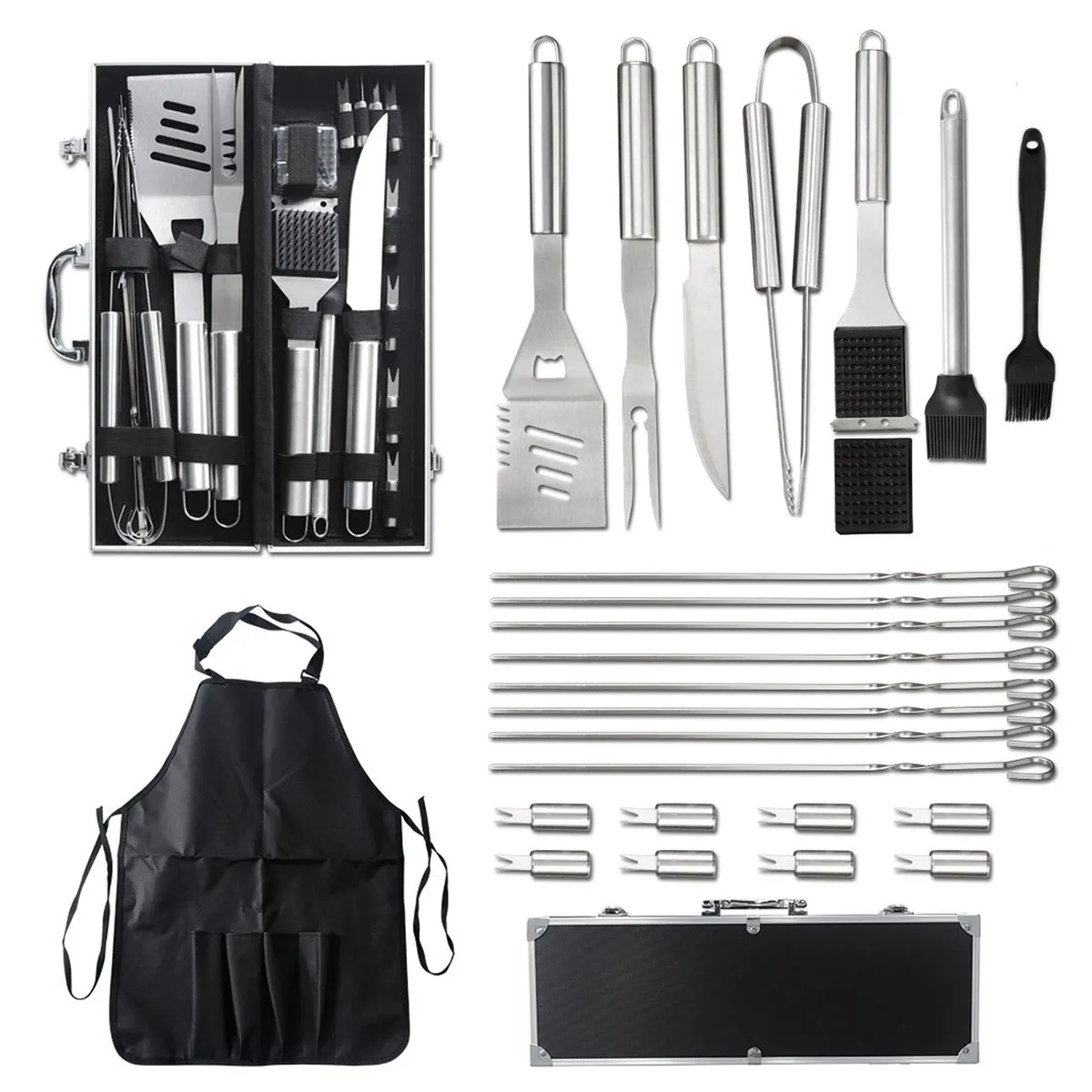24 Pieces Stainless Steel BBQ Grill Tool Set with Apron and Storage Case