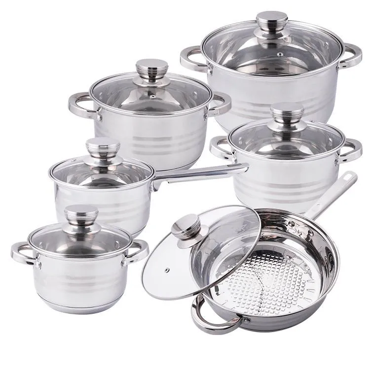 Non Stick Silver Stainless Steel Cookware Sets with Glass Lids - 12 Pieces