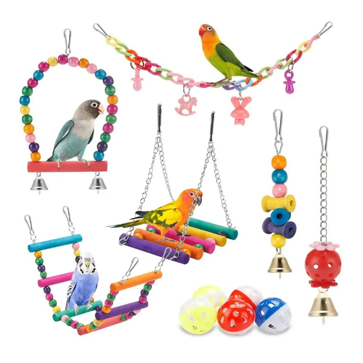 11 Piece Bird Parrot Swing Chewing Toys Hanging Bell Bird Cage Toys