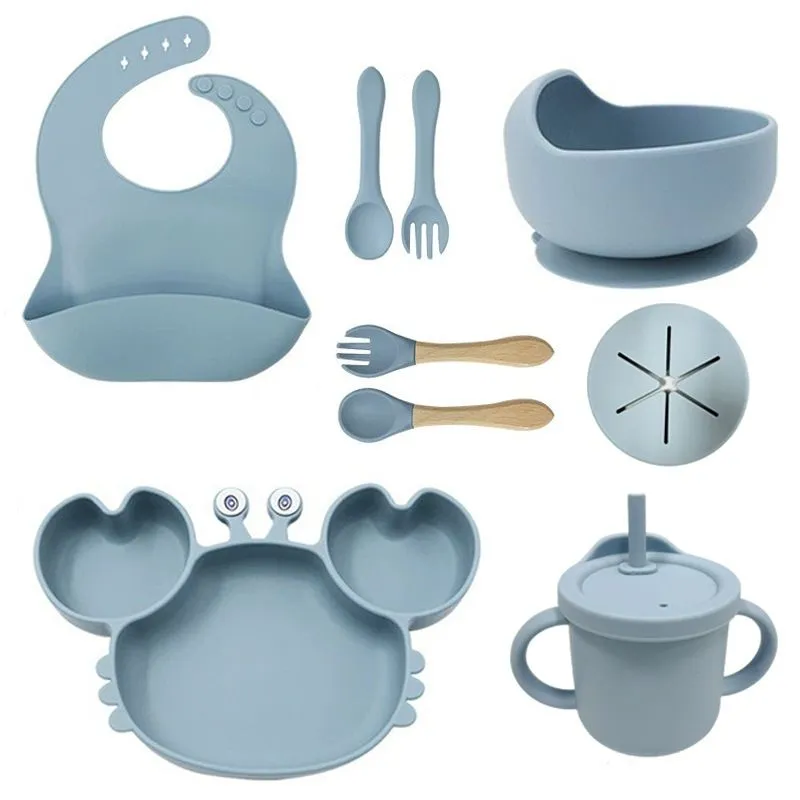 Complete Infant Dining Bundle Suction Plate Bib Bowl Cup Spoon Fork Pack - Blue