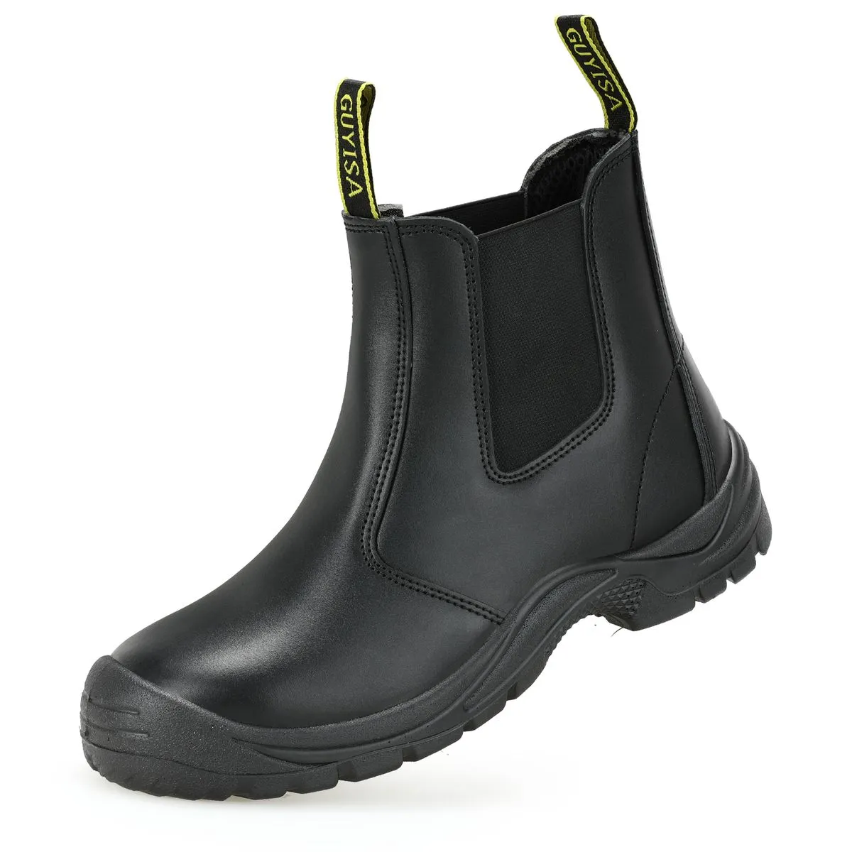 GUYISA Slip-On SteelToe Safety Boots, Black Leather ChelseaStyle Work Boots